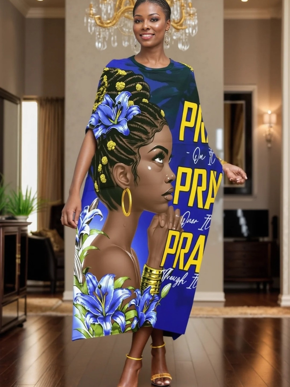 Blue Floral Graphic Maxi Dress with Prayer Motif